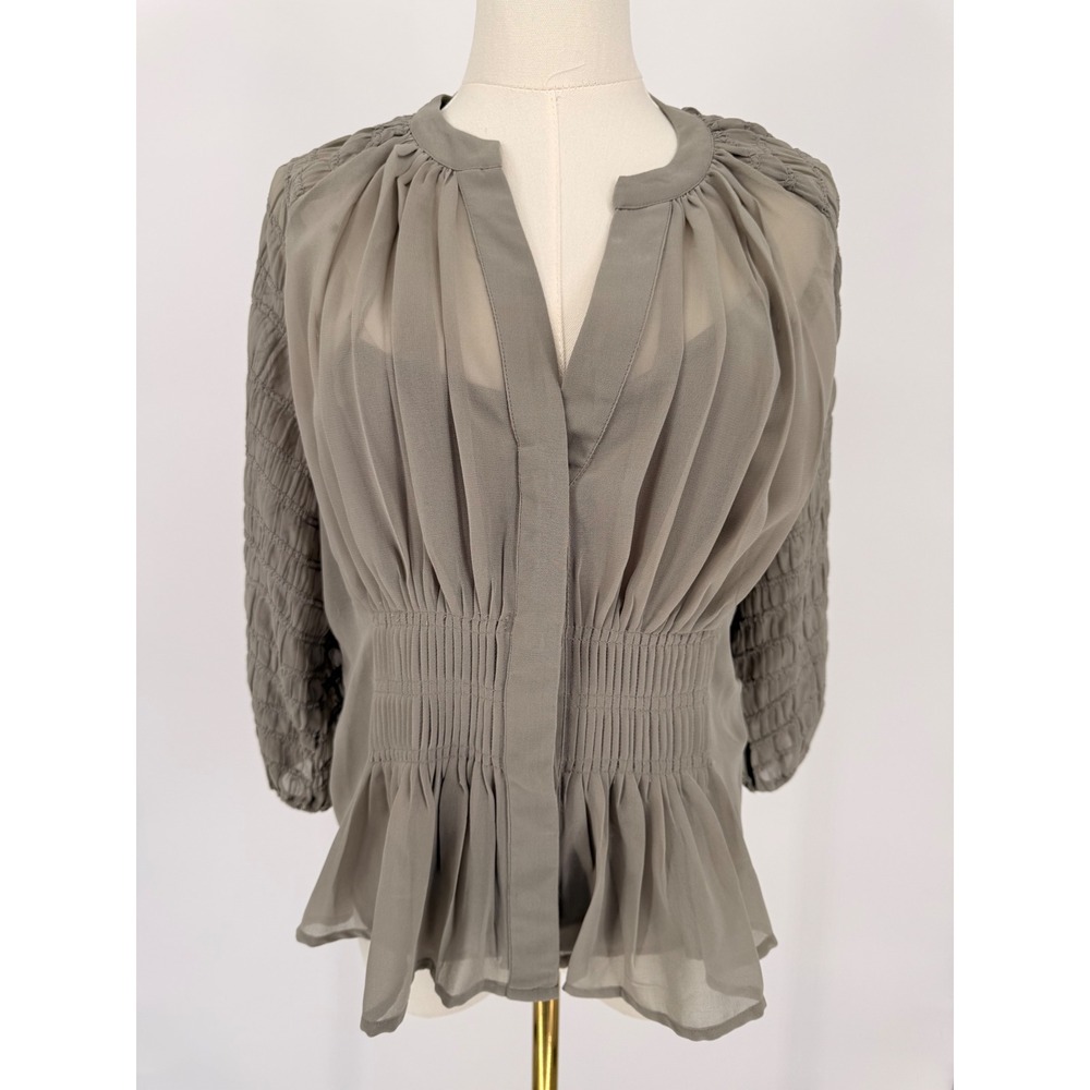 French Connection Elegant Gray Sheer Peplum Blouse Smocked Sleeve V Neck